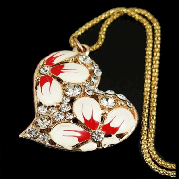 White crystal enamel Heart Pendant Necklace-Bohemian Floral-Unique - Picture 4 of 7